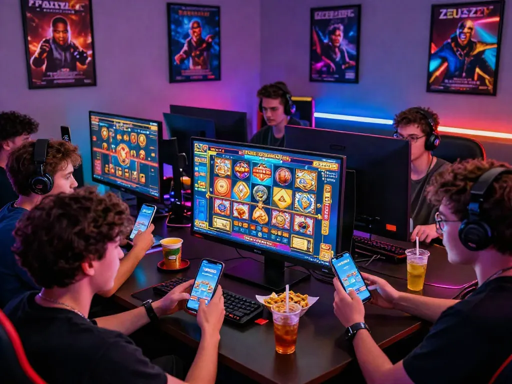 Pengalaman bermain link slot gacor di ZEUS222 dengan teman-teman, suasana penuh semangat di ruang modern.