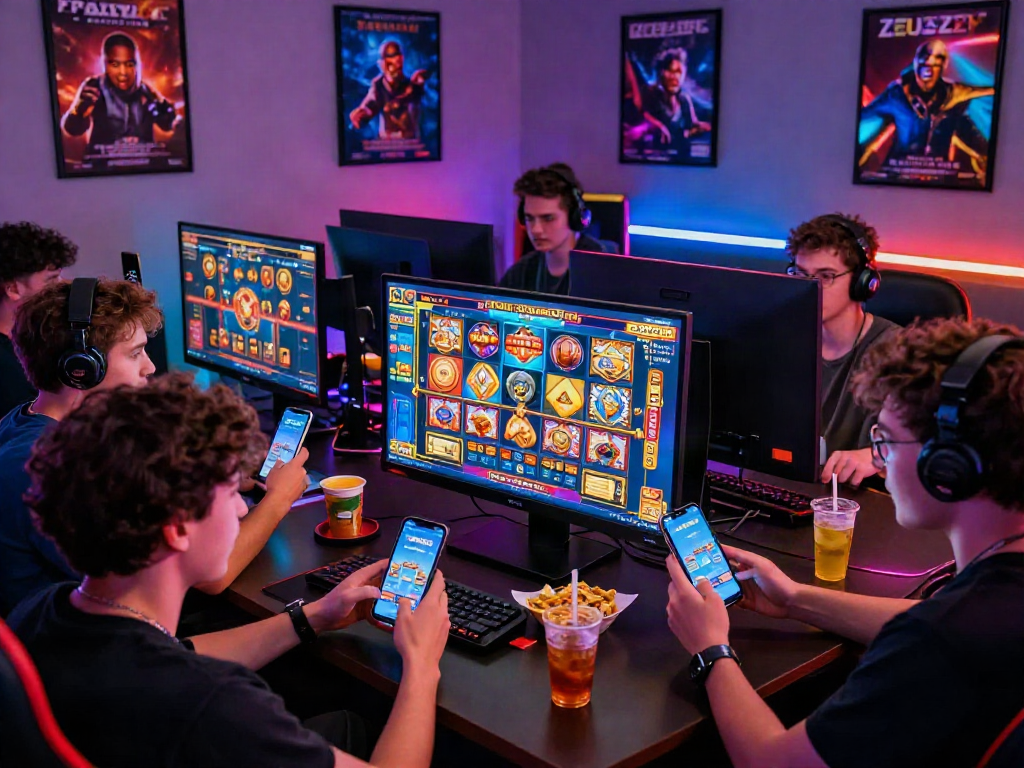 Pengalaman bermain link slot gacor di ZEUS222 dengan teman-teman, suasana penuh semangat di ruang modern.