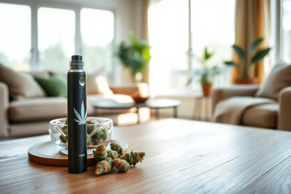 Enjoying a Cannabis Vape setup featuring elegant vape pen and cannabis buds.