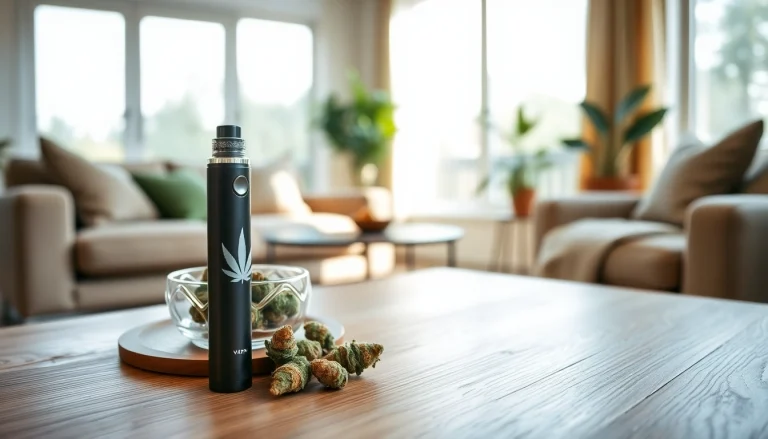 Enjoying a Cannabis Vape setup featuring elegant vape pen and cannabis buds.