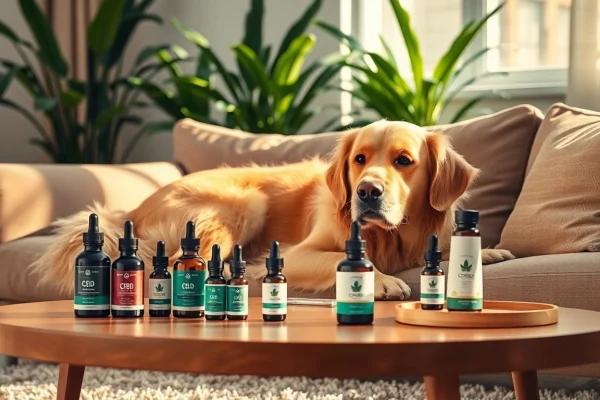 Showcase CBD For Pet products featuring a relaxed dog amidst a cozy living room setting.