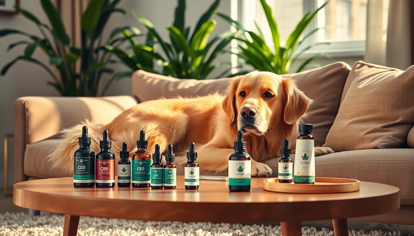 Showcase CBD For Pet products featuring a relaxed dog amidst a cozy living room setting.