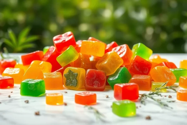 Engaging Weed Gummies artfully arranged, showcasing vibrant colors and inviting textures.