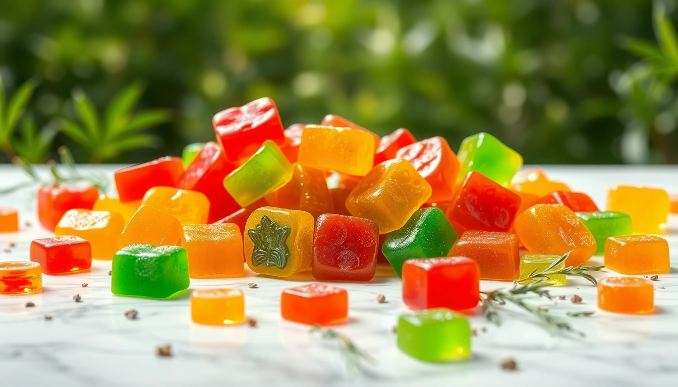 Engaging Weed Gummies artfully arranged, showcasing vibrant colors and inviting textures.