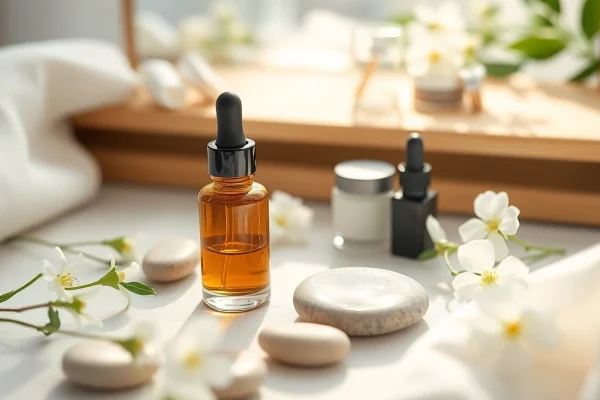 Applying CBD oil for skin on a peaceful vanity with natural decor, promoting skincare relaxation.