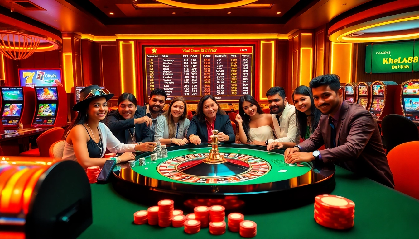 Khela88 Bangladesh players engaging in an exhilarating roulette game at a vibrant casino.