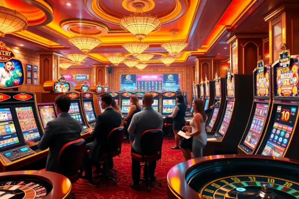 IDNslot players enjoying vibrant slot machines in a lively casino atmosphere.
