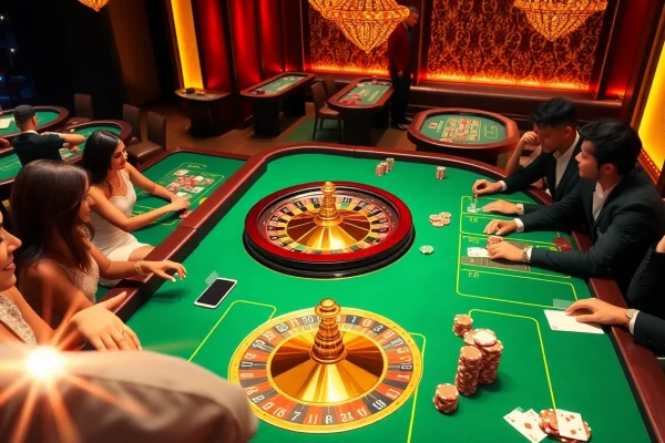 Players enjoying a thrilling game at RR88's vibrant casino tables, featuring roulette wheels and poker chips.