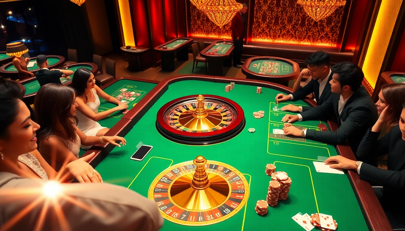 Players enjoying a thrilling game at RR88's vibrant casino tables, featuring roulette wheels and poker chips.