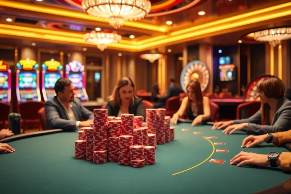 Engaged gamblers enjoying a lively game of blackjack in a luxurious casino setting, highlighting vip668.