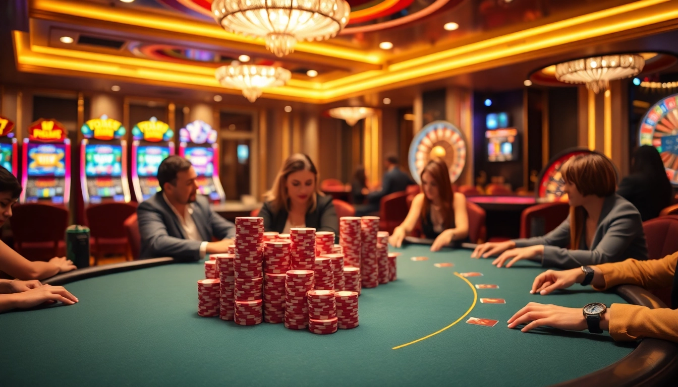 Engaged gamblers enjoying a lively game of blackjack in a luxurious casino setting, highlighting vip668.