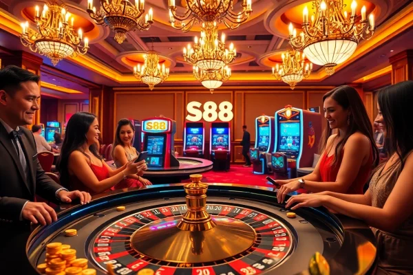 S88 gaming machine featured in a luxurious casino scene with gamblers enjoying the roulette table.