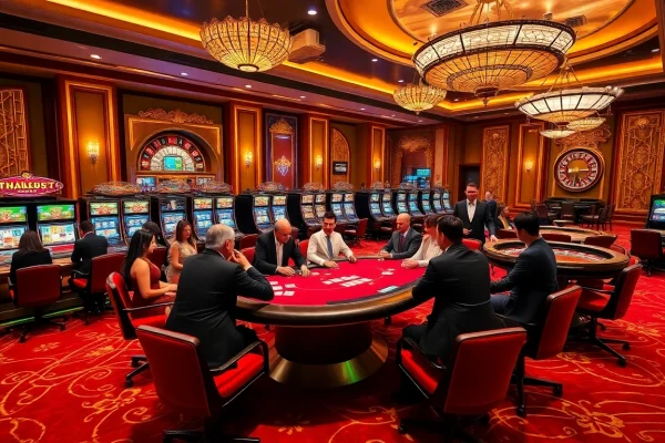 Thabet77 immersive casino scene with poker table, slot machines, and vibrant atmosphere.