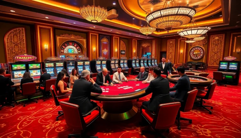 Thabet77 immersive casino scene with poker table, slot machines, and vibrant atmosphere.