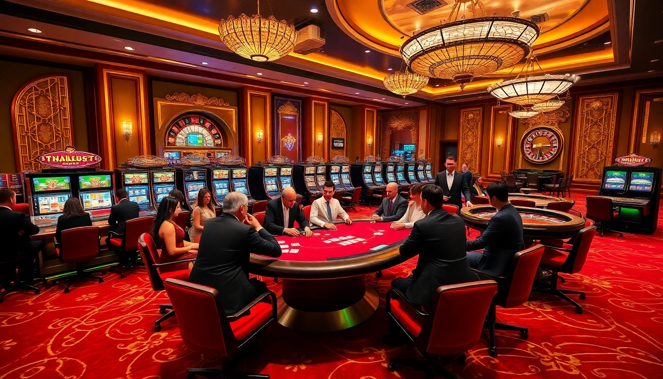 Thabet77 immersive casino scene with poker table, slot machines, and vibrant atmosphere.