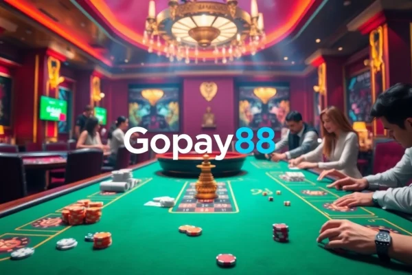 Experience the thrill of Gopay88 with vibrant casino tables and engaged players in a luxurious setting.