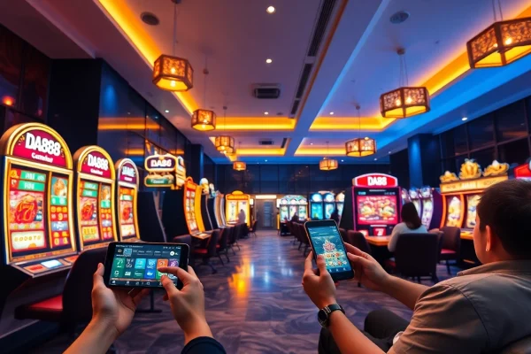 Experience the vibrant gaming atmosphere at DA88 with thrilling slot machines and engaging players.