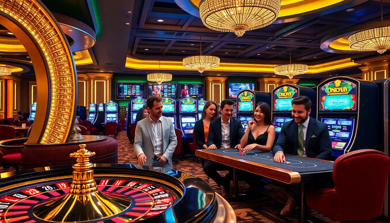 Engaging scene of players enjoying onicplay slot games with vibrant lights and poker chips.