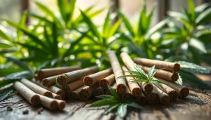 Engaging arrangement of pre rolled joints thc showcasing various types with cannabis leaves.