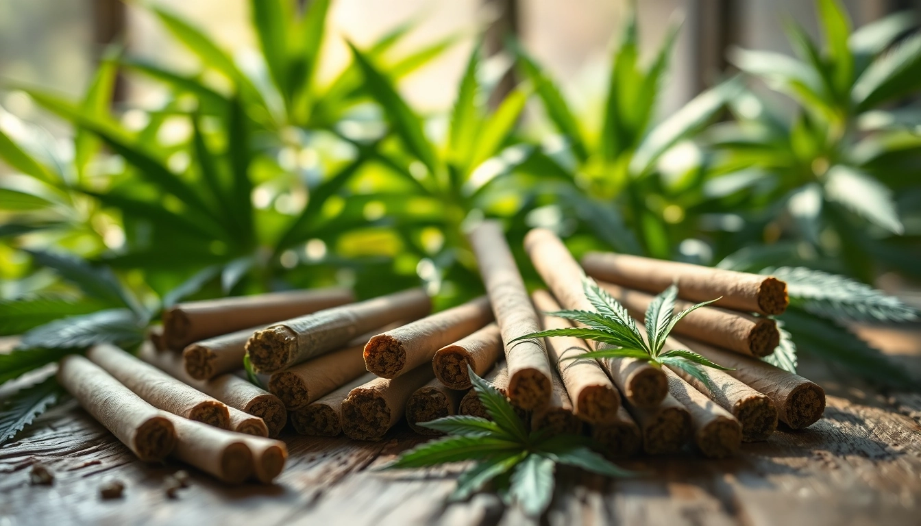 Engaging arrangement of pre rolled joints thc showcasing various types with cannabis leaves.