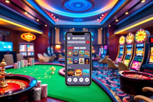 Engage in thrilling bk8thai ทางเข้า gaming at a luxurious casino with vibrant slot machines and dynamic poker tables.