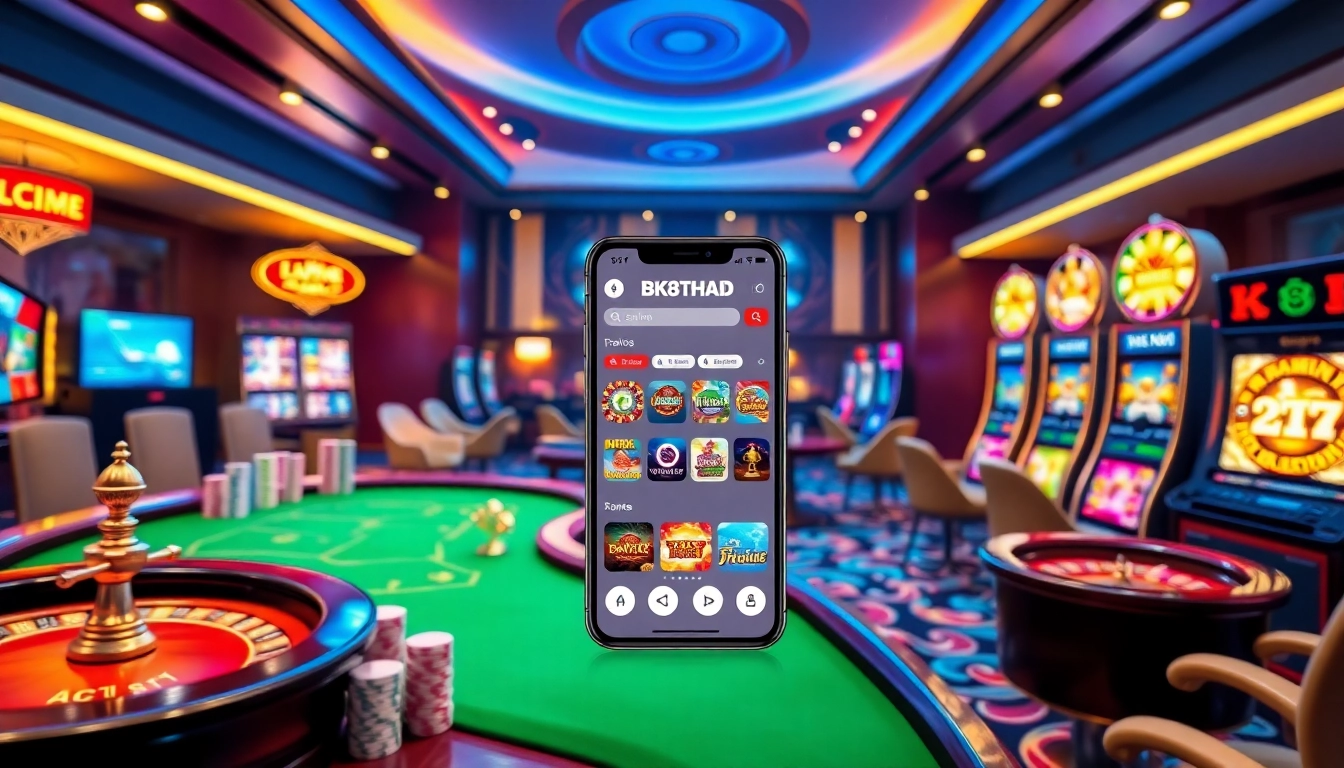 Engage in thrilling bk8thai ทางเข้า gaming at a luxurious casino with vibrant slot machines and dynamic poker tables.