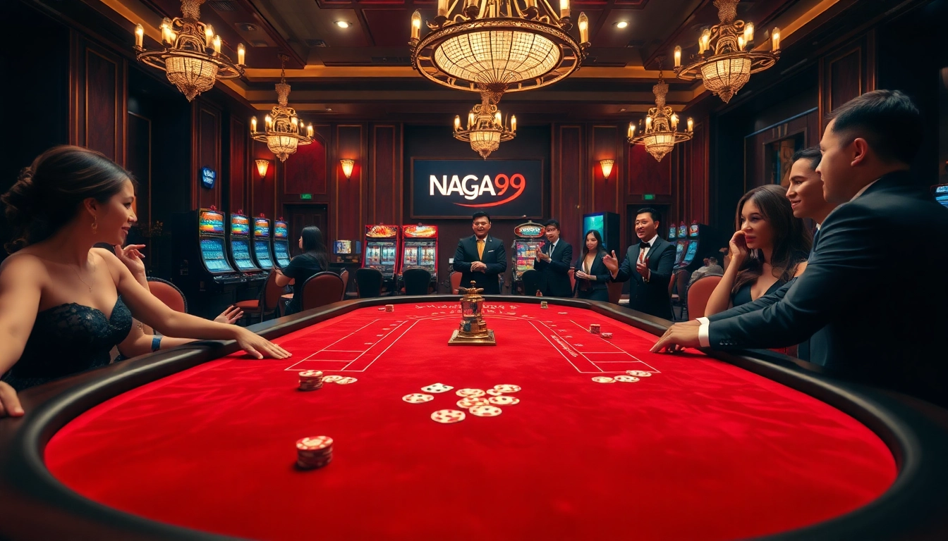 Naga99 players engaging in a thrilling casino game at an elegant table with vibrant cards and sparkling chips.