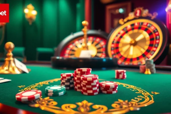Zbet68 showcases a thrilling casino scene with poker chips and a spinning roulette wheel, embodying excitement.