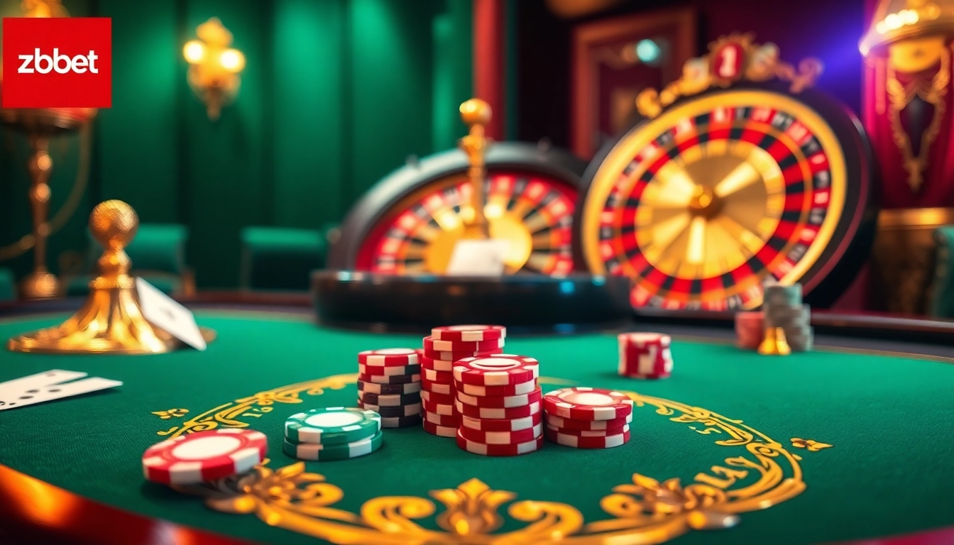 Zbet68 showcases a thrilling casino scene with poker chips and a spinning roulette wheel, embodying excitement.