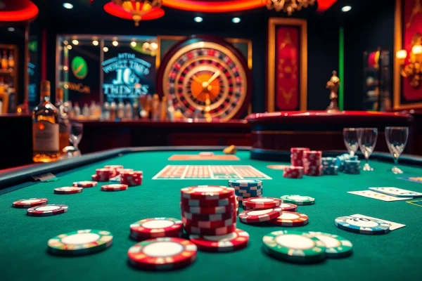 Experience the thrill of RR88 with vibrant poker chips and an elegant casino setup.