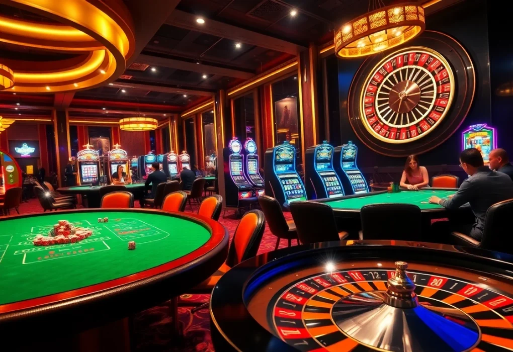 Gambling enthusiasts enjoying a luxurious casino experience at https://taigo88.team/ with poker chips and a roulette wheel.