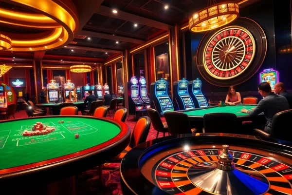 Gambling enthusiasts enjoying a luxurious casino experience at https://taigo88.team/ with poker chips and a roulette wheel.