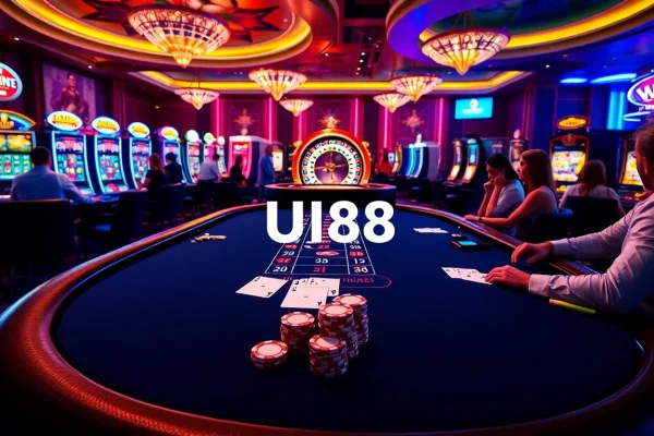 UU88 casino scene with vibrant slot machines and a high-stakes blackjack table.