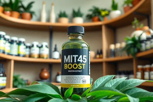 Showcase MIT45 Boost Kratom Extract in an elegant health setting, highlighting its vibrant packaging.
