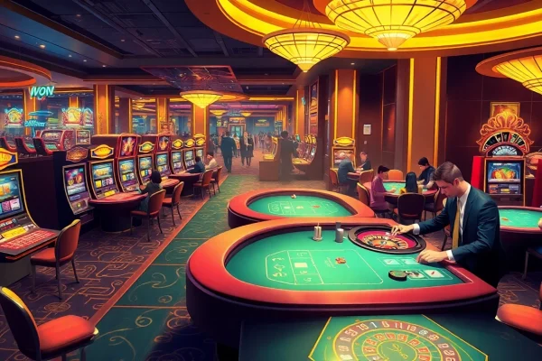 Thrilling casino experience at Thabet77 with players celebrating wins at roulette and poker tables.