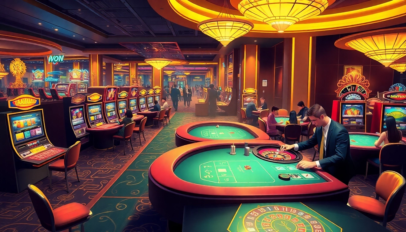 Thrilling casino experience at Thabet77 with players celebrating wins at roulette and poker tables.