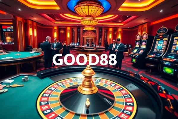 Players enjoying a thrilling game at GOOD88 casino with roulette and poker tables.