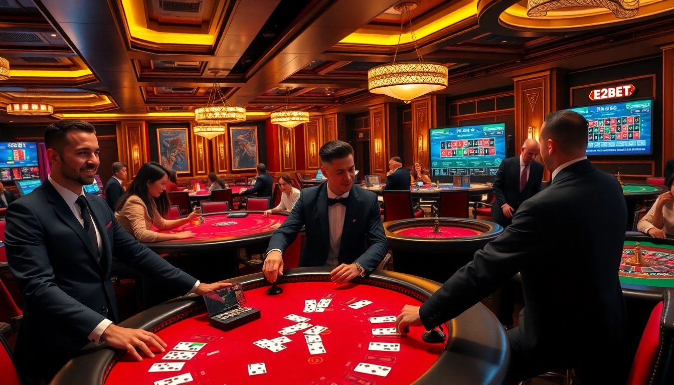 Exciting casino scene illustrating gambling activities on trang chủ e2bet with cards and chips.