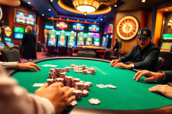 High-stakes poker scene at OK365 casino with stylish players and vibrant gaming atmosphere.