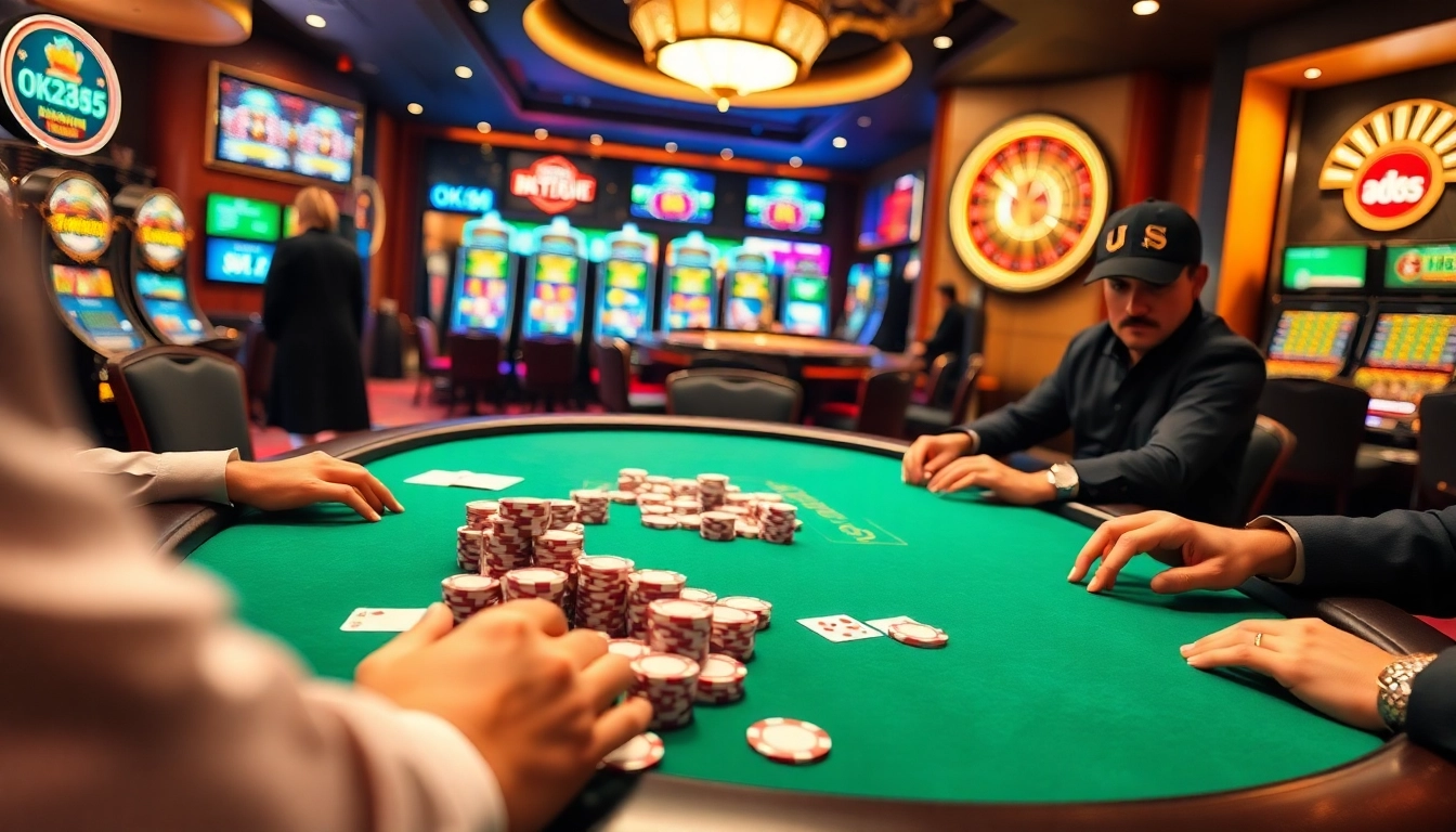 High-stakes poker scene at OK365 casino with stylish players and vibrant gaming atmosphere.
