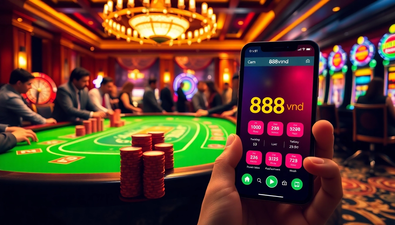 Engage with the 888vnd app in an elegant casino environment featuring vibrant gaming tables and spinning roulette.