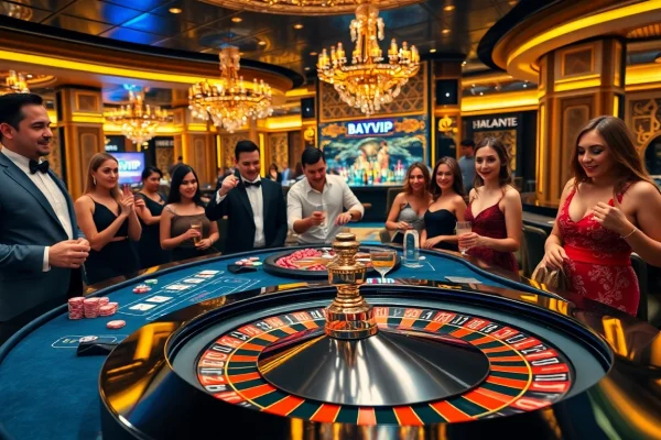Exciting scene at Bayvip casino gaming table with players and roulette wheel.