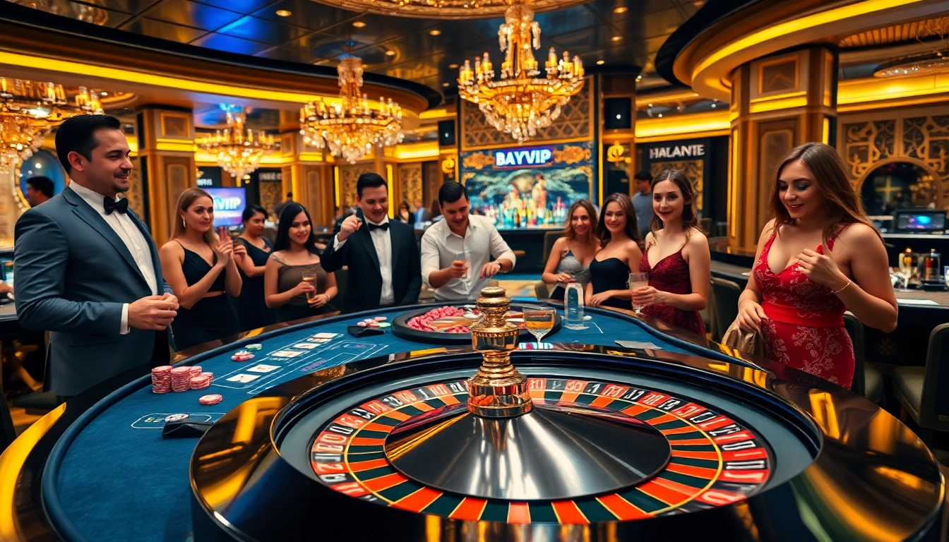Exciting scene at Bayvip casino gaming table with players and roulette wheel.