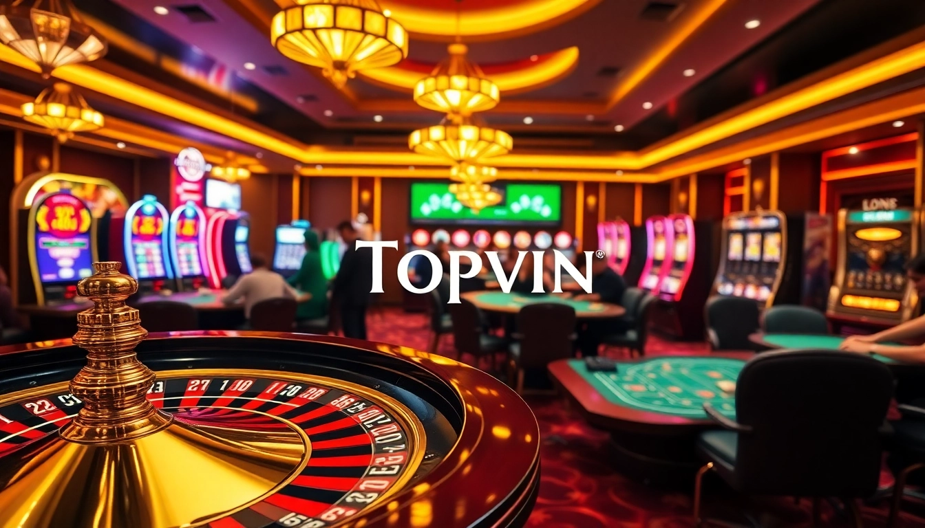 Topvin casino scene with roulette, poker chips, and engaging players in luxurious setting.