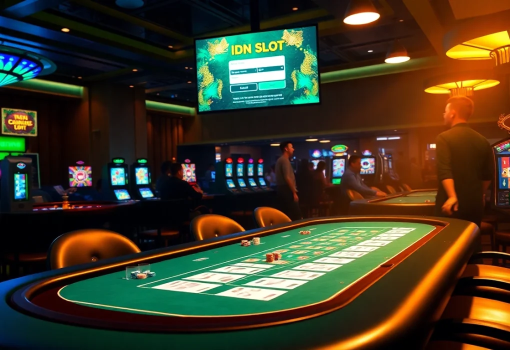 Experience high-stakes action at an IDNSlot gaming table, featuring vibrant chips and an engaging atmosphere.