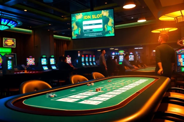 Experience high-stakes action at an IDNSlot gaming table, featuring vibrant chips and an engaging atmosphere.