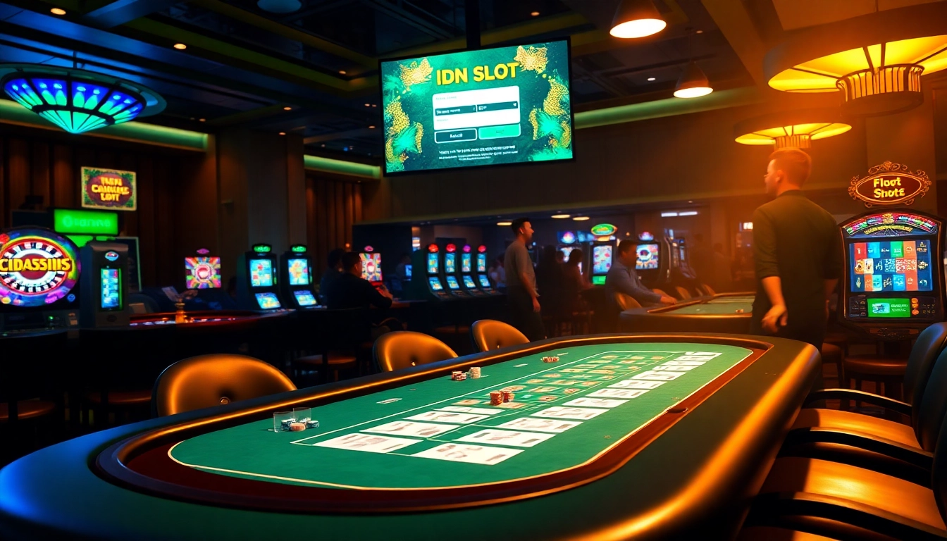 Experience high-stakes action at an IDNSlot gaming table, featuring vibrant chips and an engaging atmosphere.