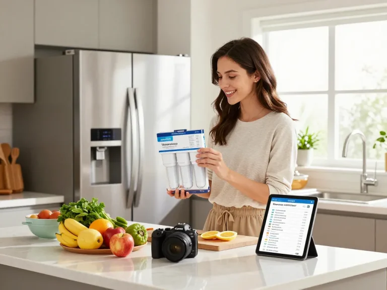 Homeowner examining the Waterdrop LT1000PC ADQ747935 MDJ64844601 Refrigerator Water Filter in a modern kitchen.