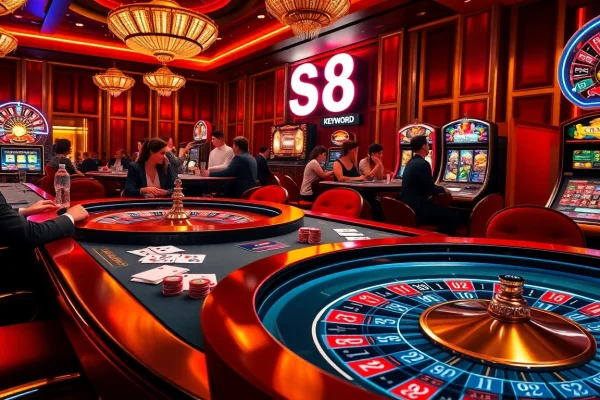 S8 casino players engage in high-stakes poker, enjoying vibrant gaming atmosphere with roulette and slot machines.