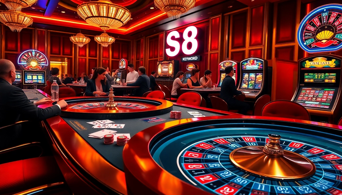 S8 casino players engage in high-stakes poker, enjoying vibrant gaming atmosphere with roulette and slot machines.